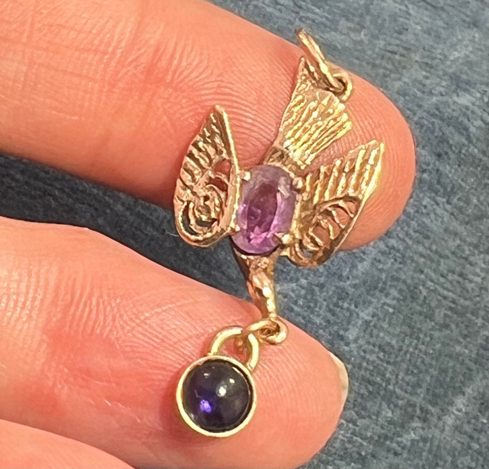 14k Gold Victorian Swallow Bird Pendant w Amethyst + Iolite Cabochon