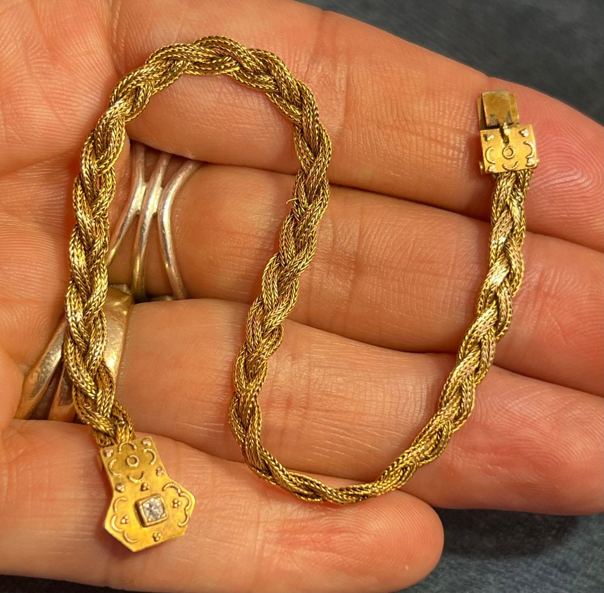 14k Gold Victorian Woven Bracelet w Rose-Cut Diamond Clasp