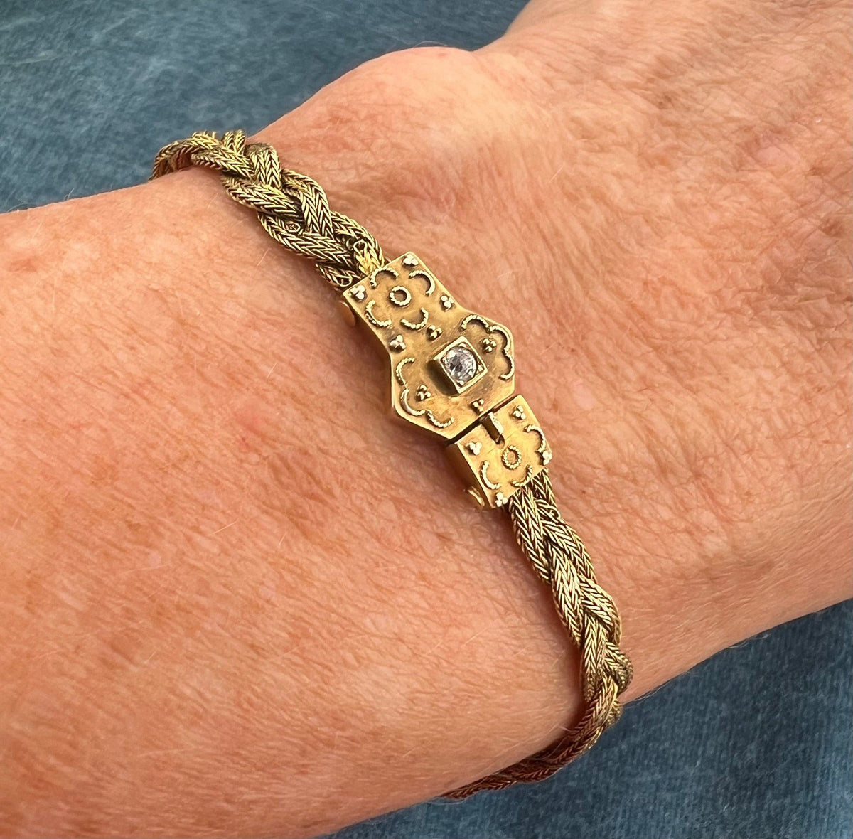 14k Gold Victorian Woven Bracelet w Rose-Cut Diamond Clasp