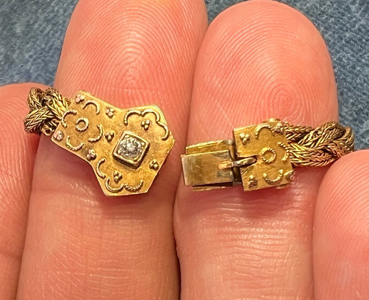 14k Gold Victorian Woven Bracelet w Rose-Cut Diamond Clasp