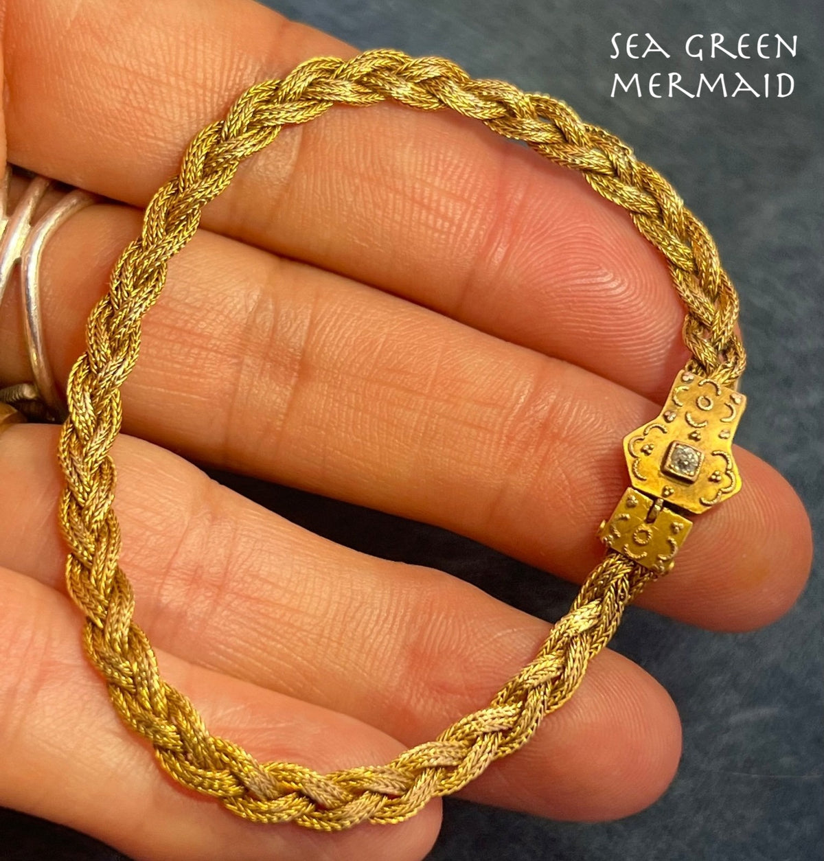 14k Gold Victorian Woven Bracelet w Rose-Cut Diamond Clasp