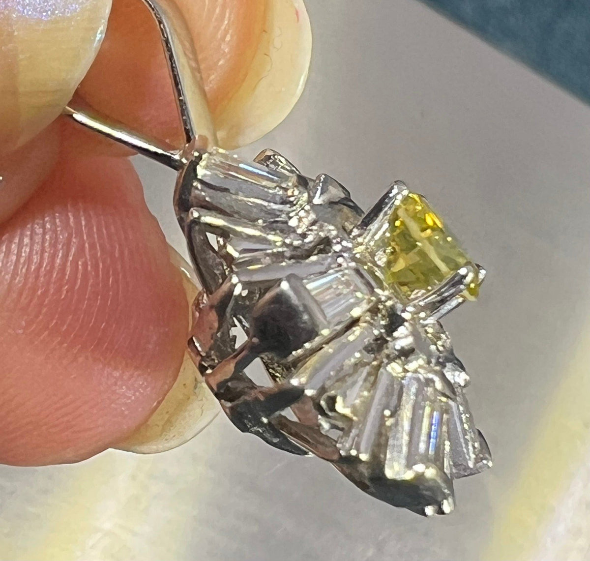 14k Gold WG Canary Yellow Diamond Daisy Pendant w Diamond Baguette Halo *Video*