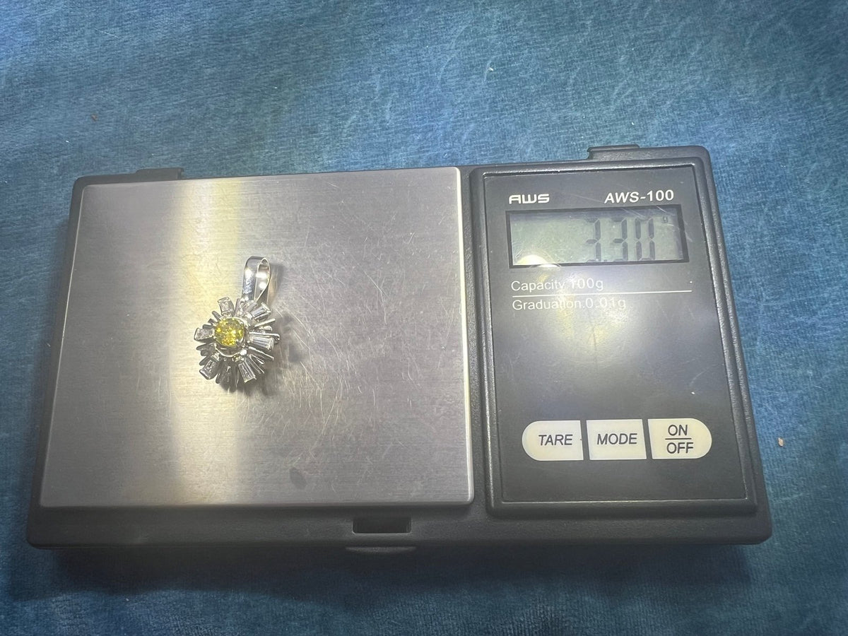 14k Gold WG Canary Yellow Diamond Daisy Pendant w Diamond Baguette Halo *Video*
