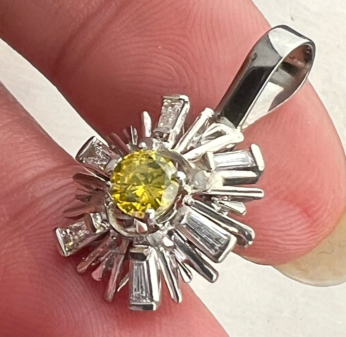 14k Gold WG Canary Yellow Diamond Daisy Pendant w Diamond Baguette Halo *Video*