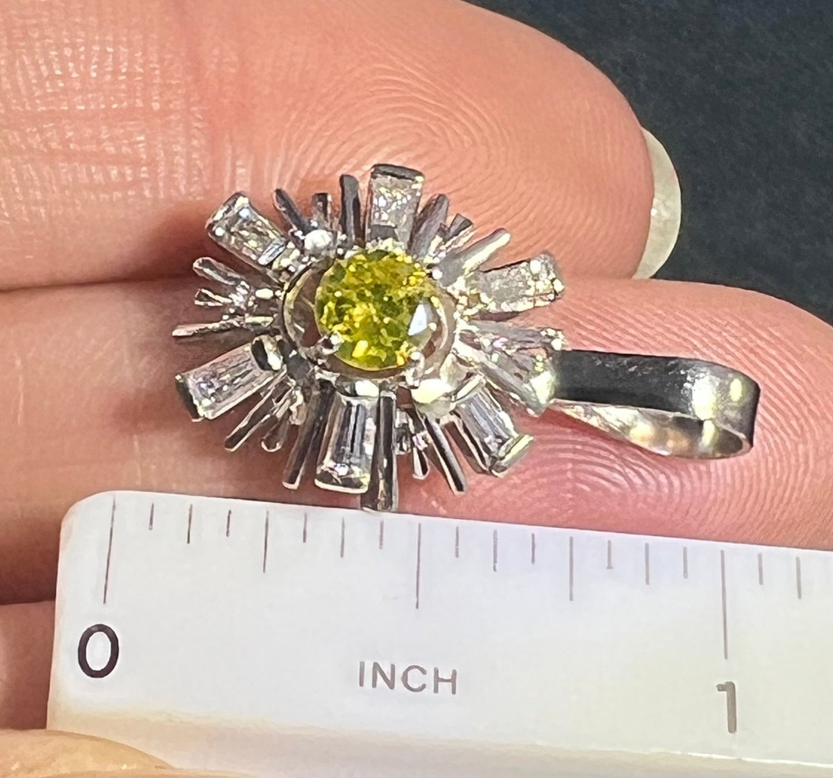 14k Gold WG Canary Yellow Diamond Daisy Pendant w Diamond Baguette Halo *Video*