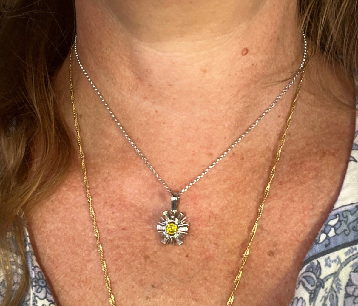 14k Gold WG Canary Yellow Diamond Daisy Pendant w Diamond Baguette Halo *Video*