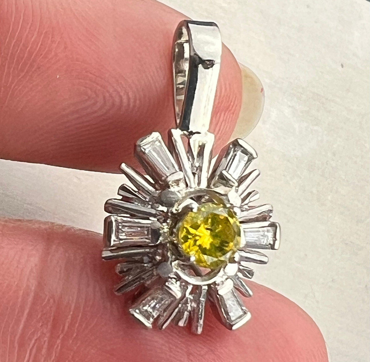 14k Gold WG Canary Yellow Diamond Daisy Pendant w Diamond Baguette Halo *Video*
