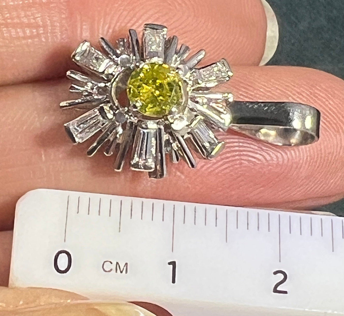 14k Gold WG Canary Yellow Diamond Daisy Pendant w Diamond Baguette Halo *Video*