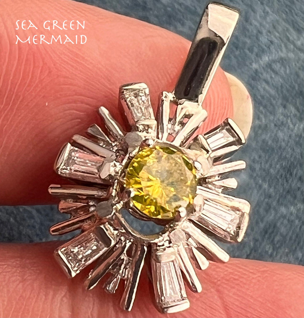 14k Gold WG Canary Yellow Diamond Daisy Pendant w Diamond Baguette Halo *Video*