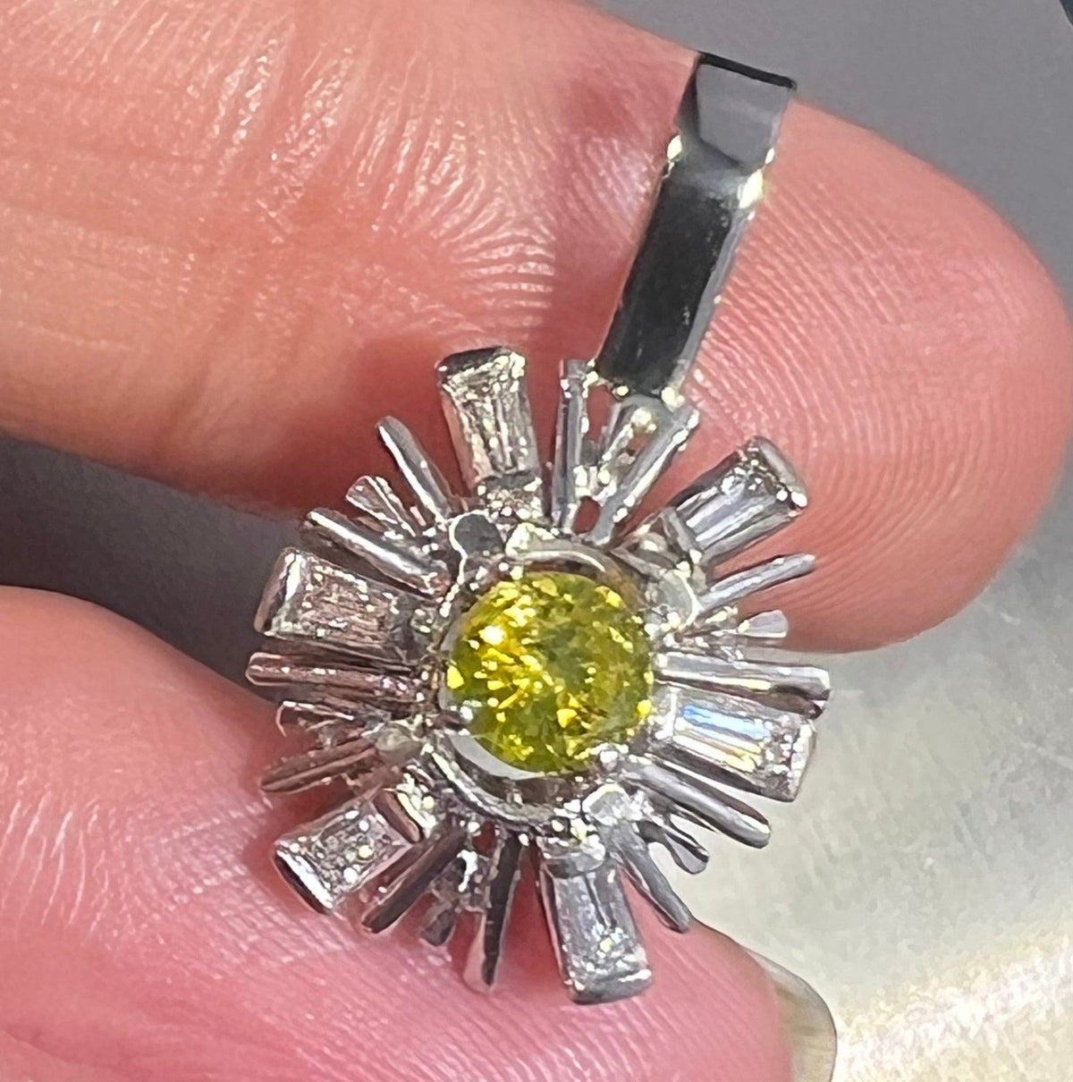 14k Gold WG Canary Yellow Diamond Daisy Pendant w Diamond Baguette Halo *Video*