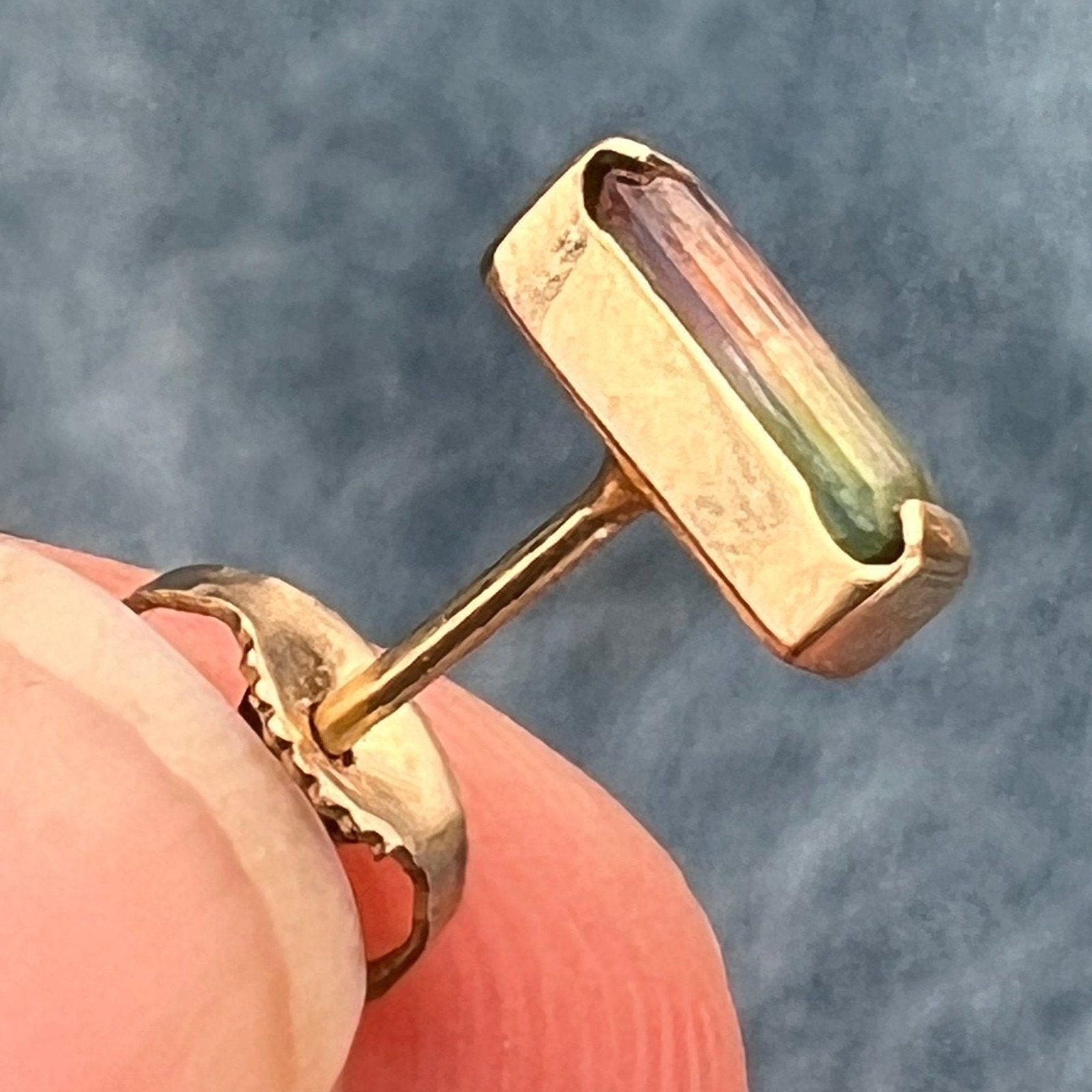 14k Gold Watermelon Tourmaline Baquette Earring *SINGLE* Tiny!