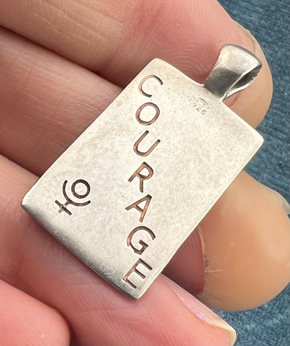 14k Gold and 925 Silver "Courage" Dog Tag Pendant. 1.2" + 4g. Asian Character