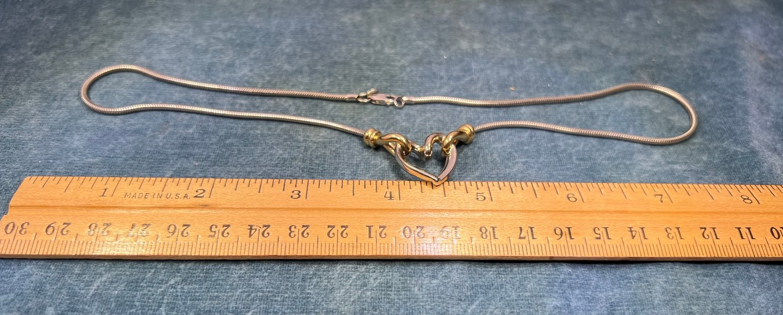 14k Gold and 925 Silver Heart Pendant on Snake Chain Necklace. Designer