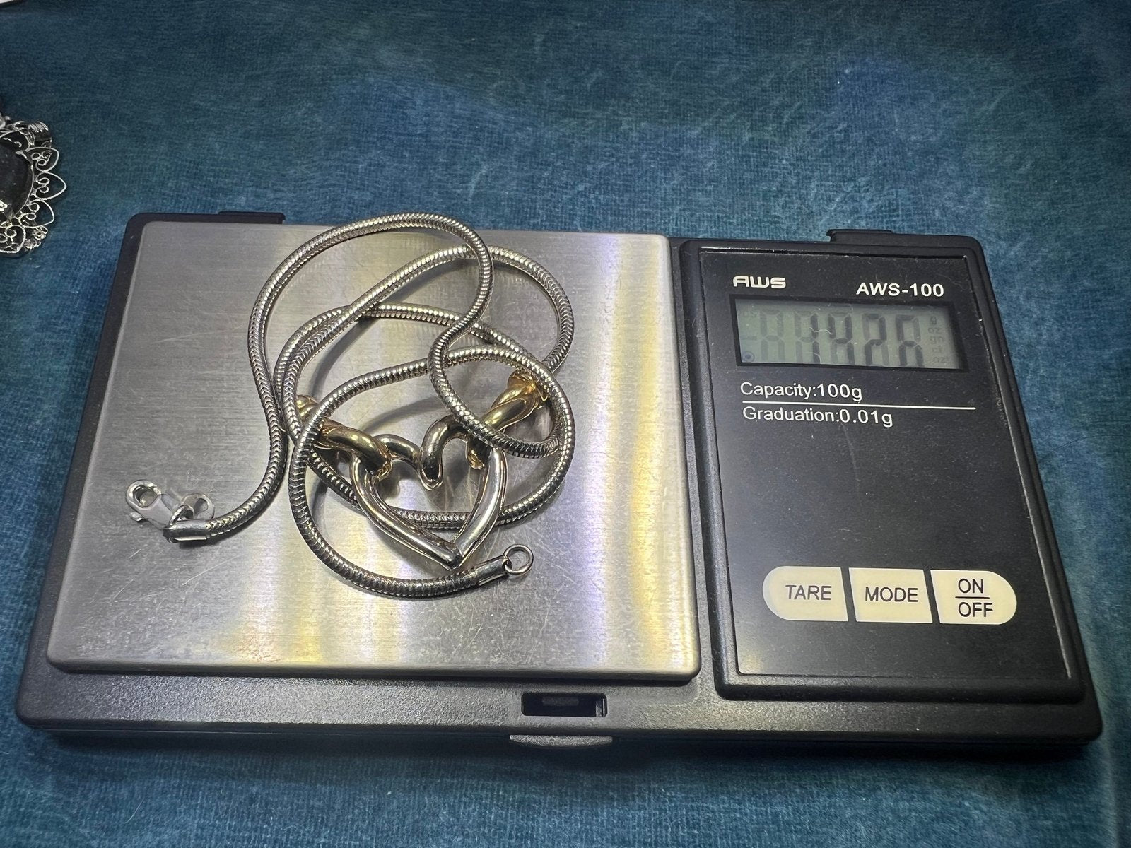 14k Gold and 925 Silver Heart Pendant on Snake Chain Necklace. Designer