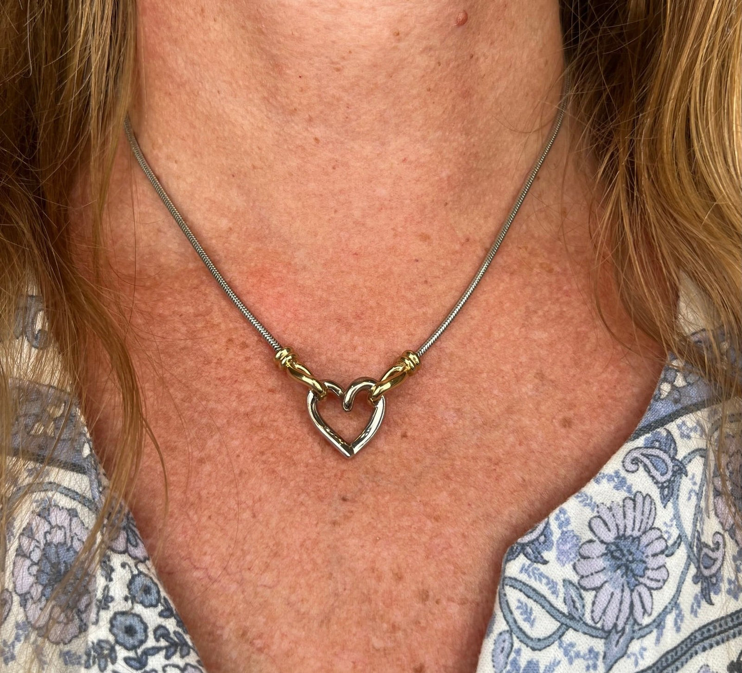 14k Gold and 925 Silver Heart Pendant on Snake Chain Necklace. Designer