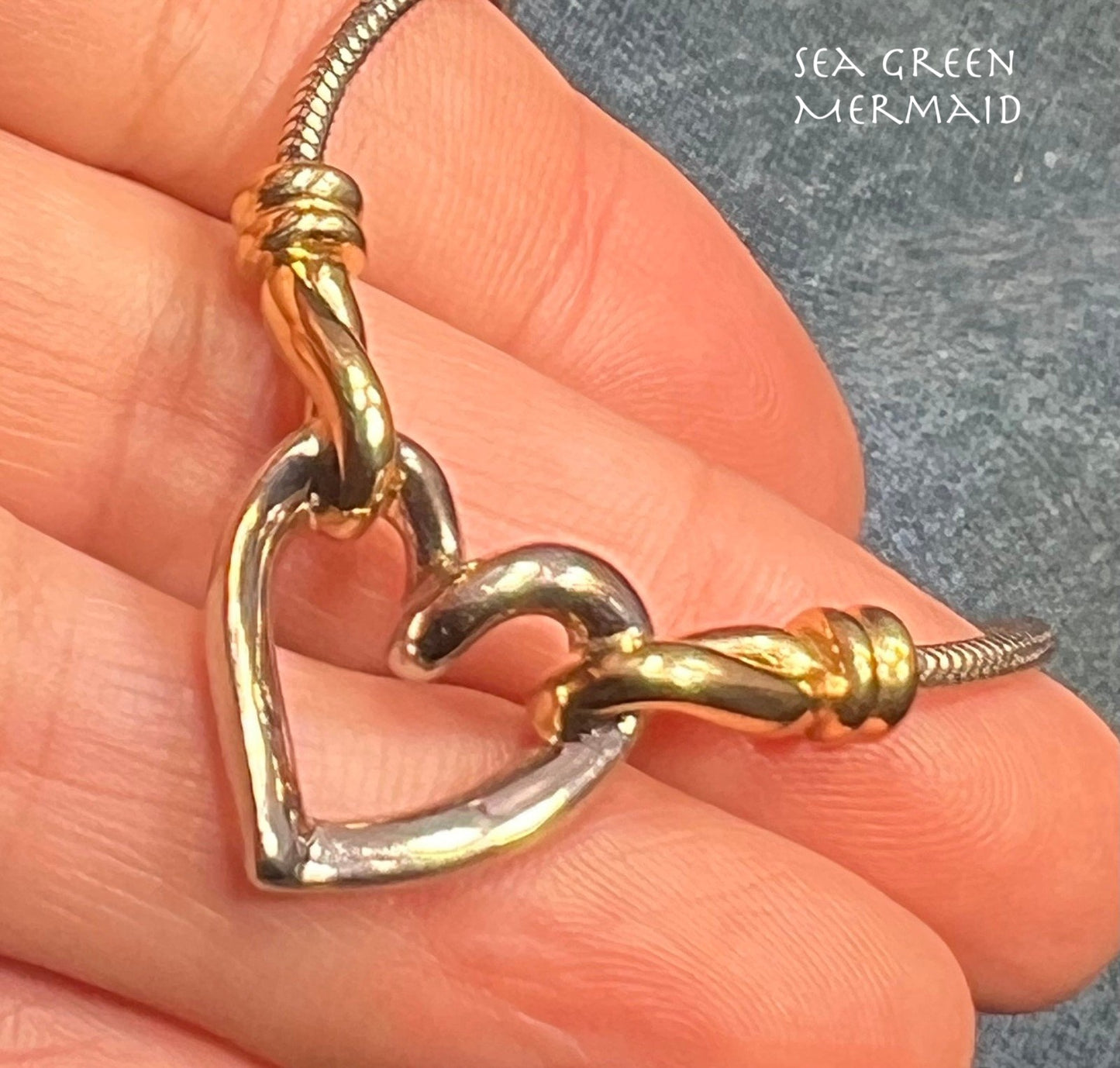 14k Gold and 925 Silver Heart Pendant on Snake Chain Necklace. Designer