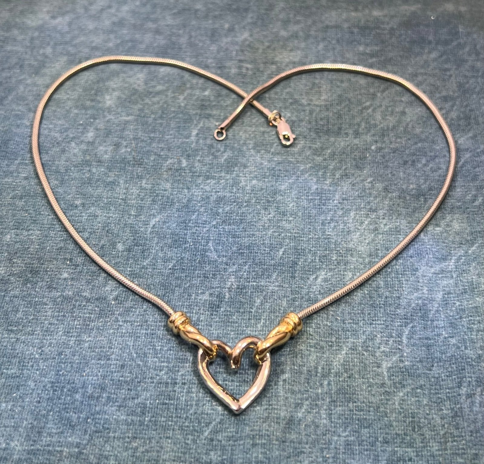 14k Gold and 925 Silver Heart Pendant on Snake Chain Necklace. Designer
