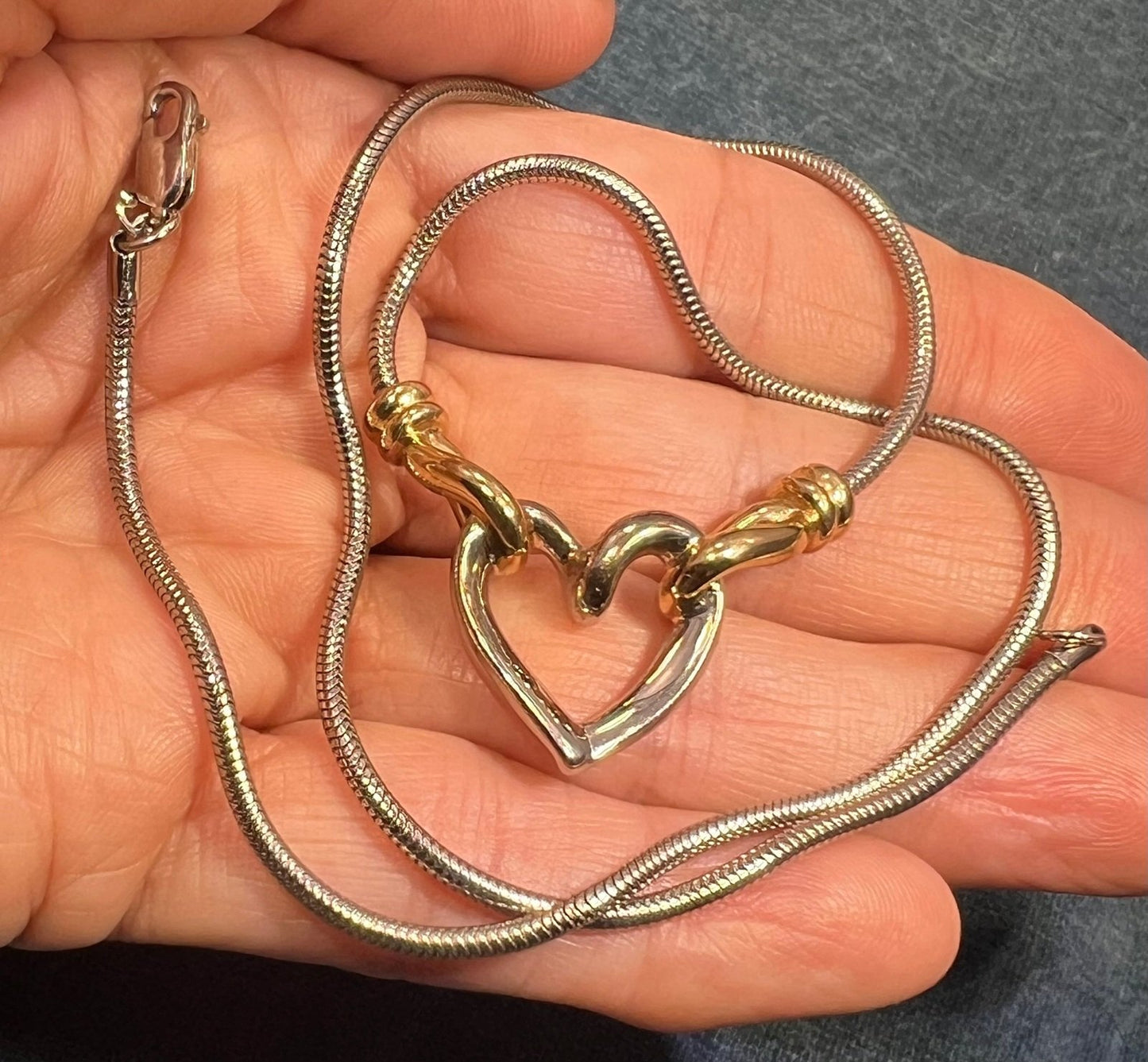 14k Gold and 925 Silver Heart Pendant on Snake Chain Necklace. Designer