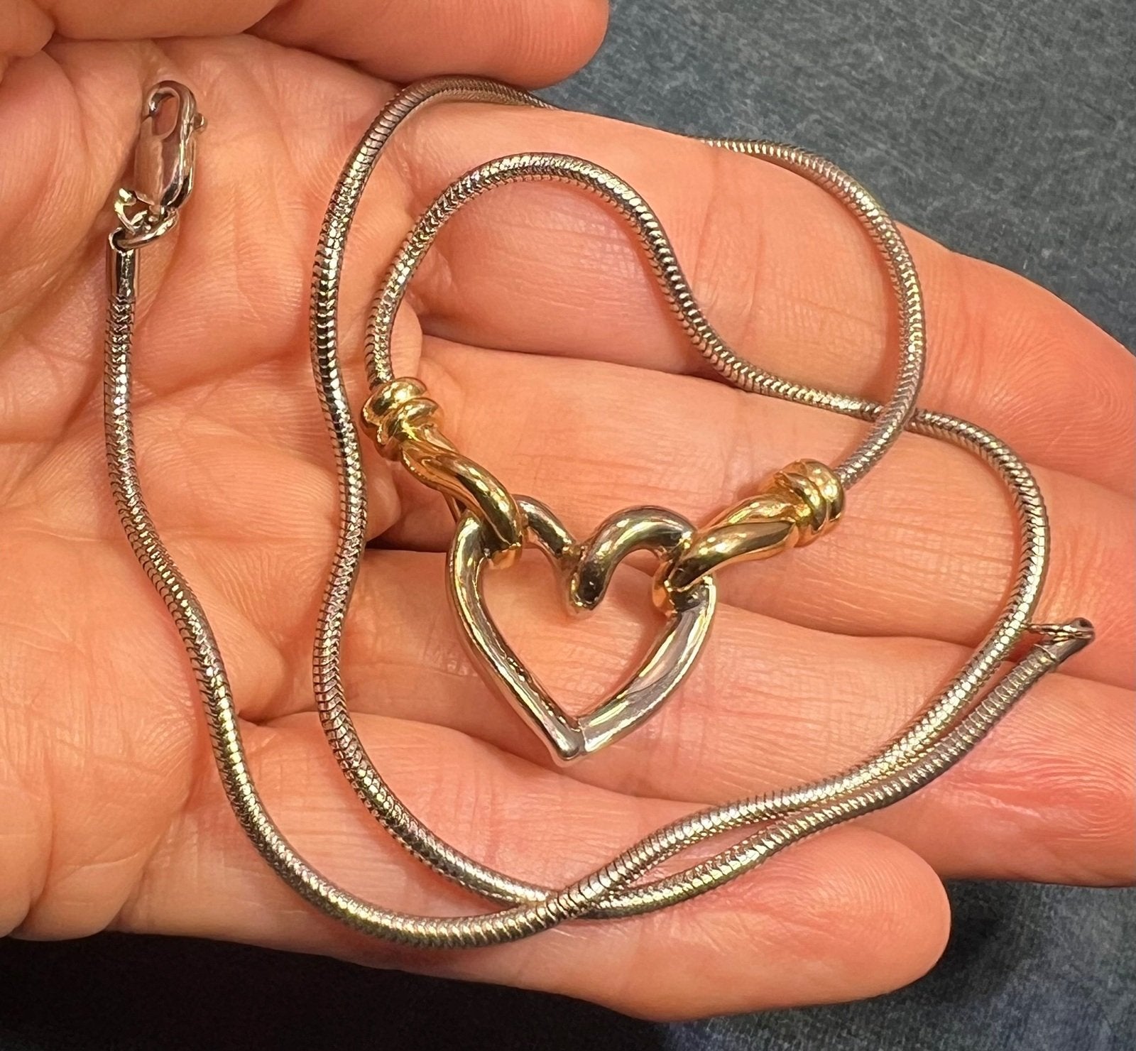 14k Gold and 925 Silver Heart Pendant on Snake Chain Necklace. Designer