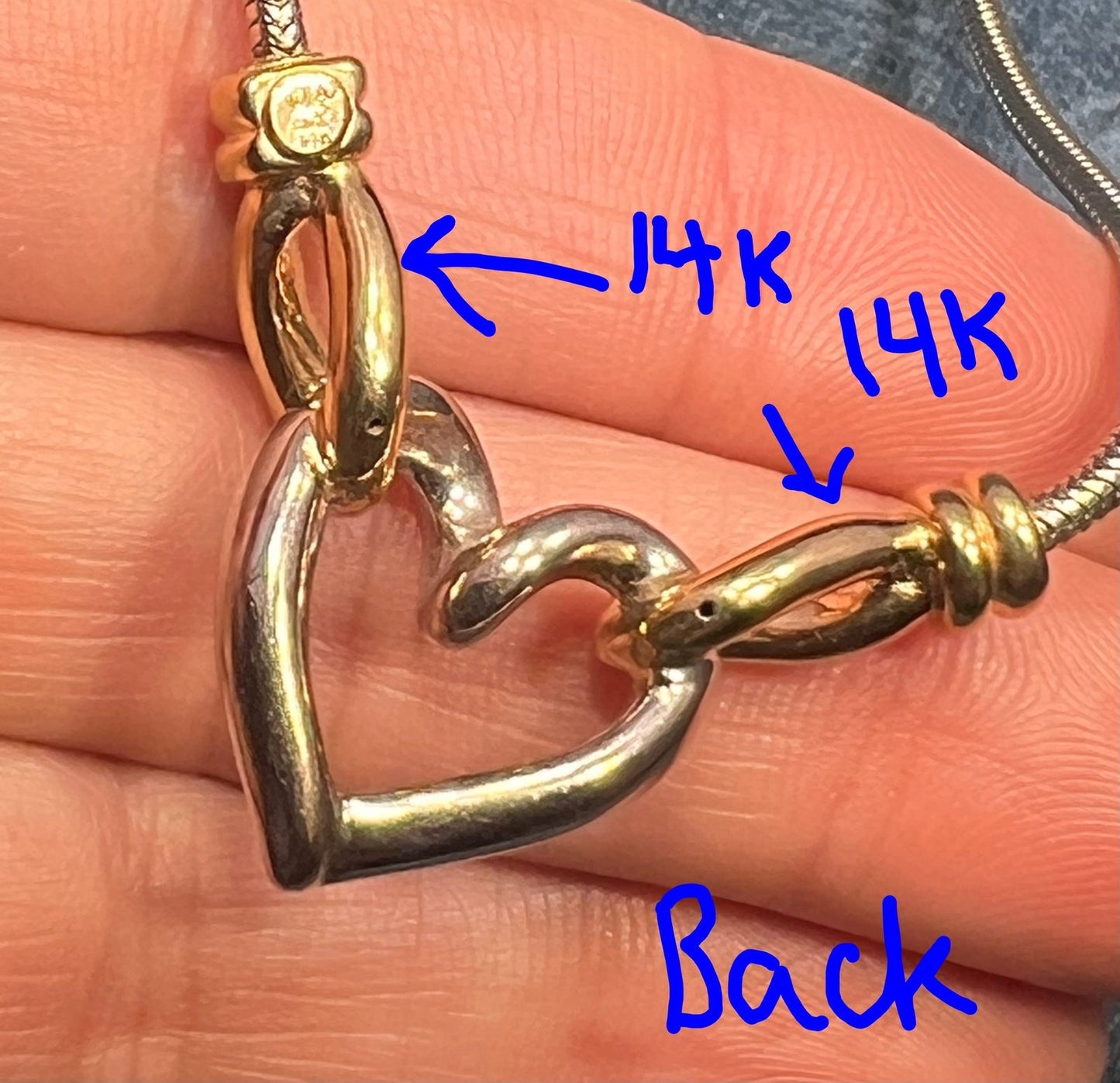 14k Gold and 925 Silver Heart Pendant on Snake Chain Necklace. Designer