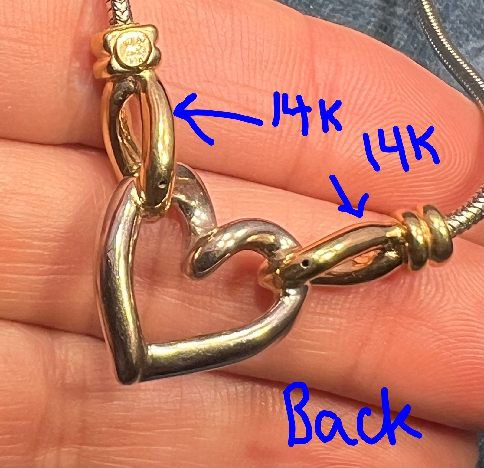 14k Gold and 925 Silver Heart Pendant on Snake Chain Necklace. Designer