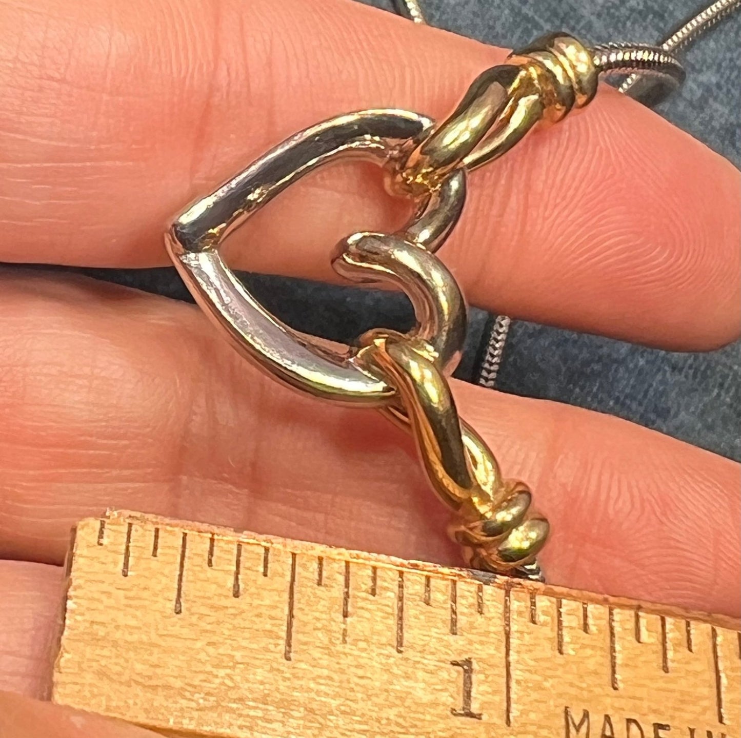 14k Gold and 925 Silver Heart Pendant on Snake Chain Necklace. Designer