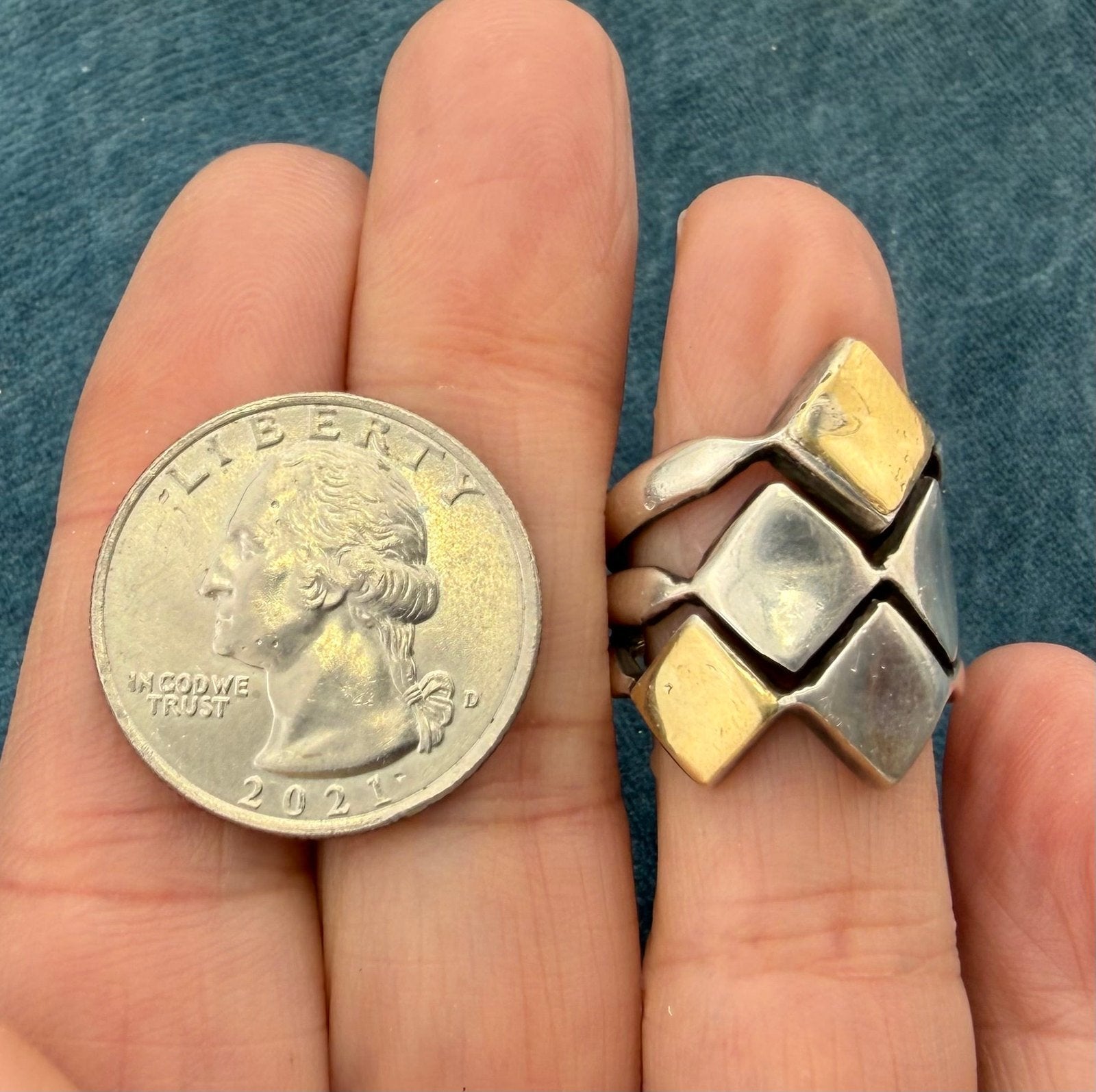 14k Gold and 925 Silver MCM Modernist Wide Ring. Geometric