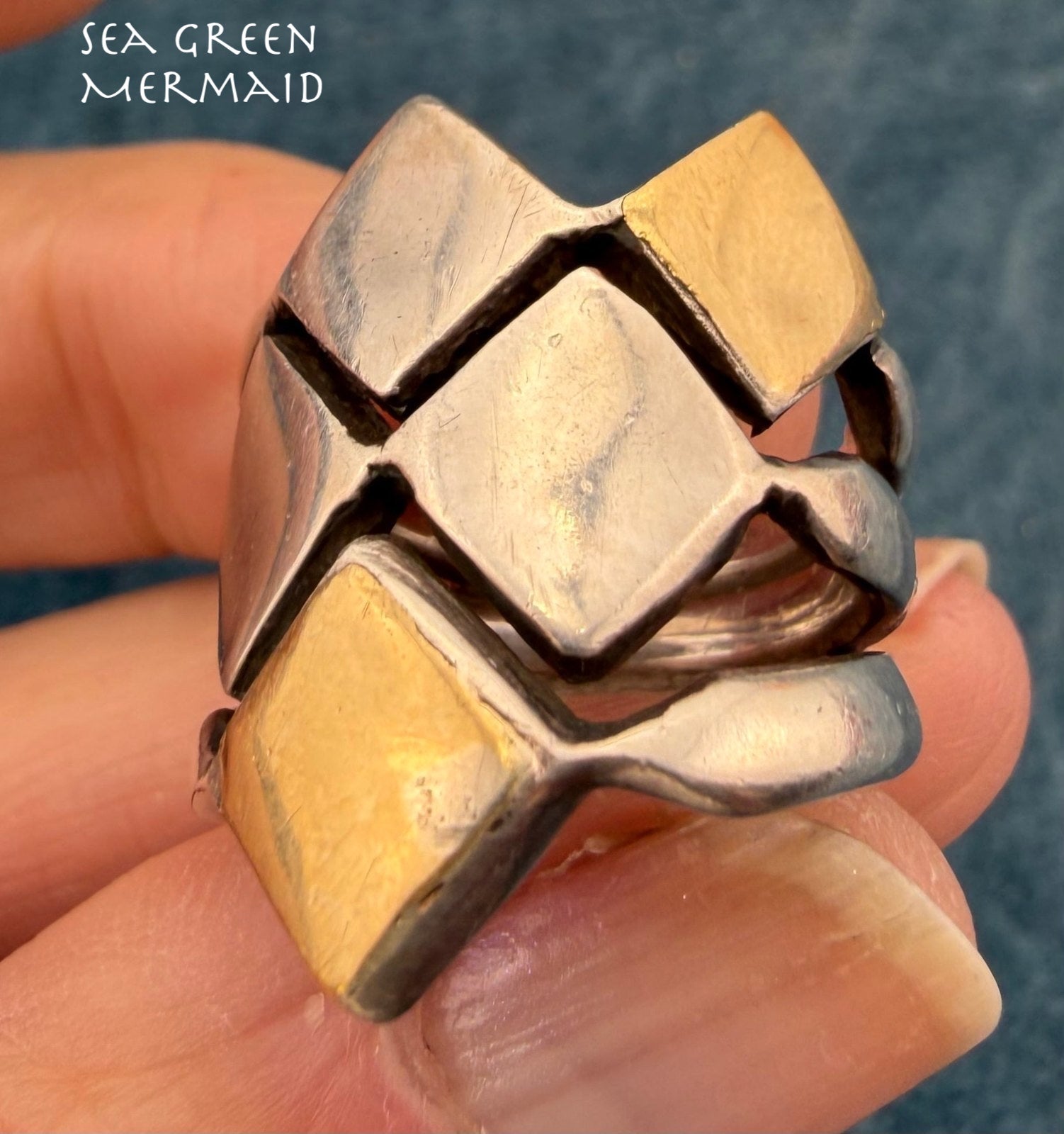 14k Gold and 925 Silver MCM Modernist Wide Ring. Geometric