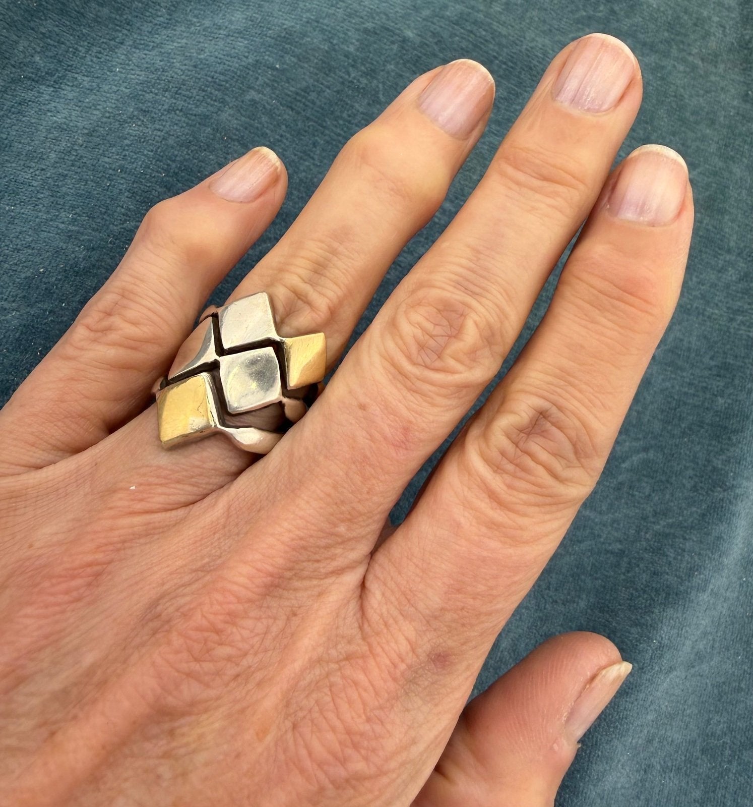 14k Gold and 925 Silver MCM Modernist Wide Ring. Geometric