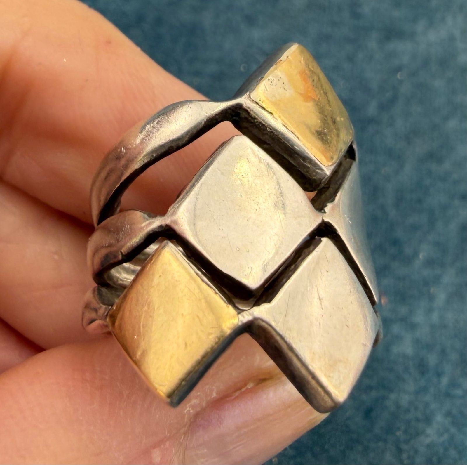 14k Gold and 925 Silver MCM Modernist Wide Ring. Geometric