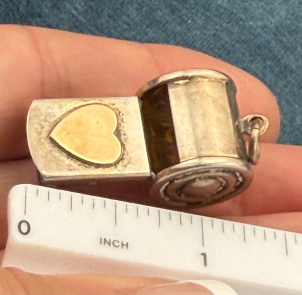 14k Heart on Sterling Silver Gold Whistle Pendant. Works! 1.4" + 5g
