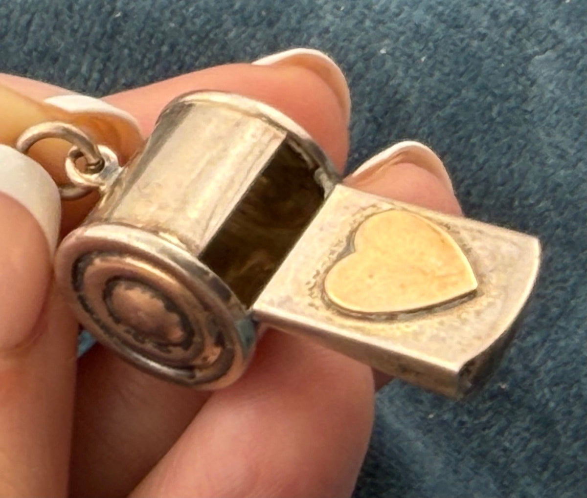 14k Heart on Sterling Silver Gold Whistle Pendant. Works! 1.4" + 5g