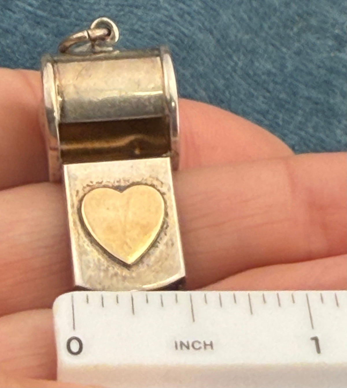 14k Heart on Sterling Silver Gold Whistle Pendant. Works! 1.4" + 5g