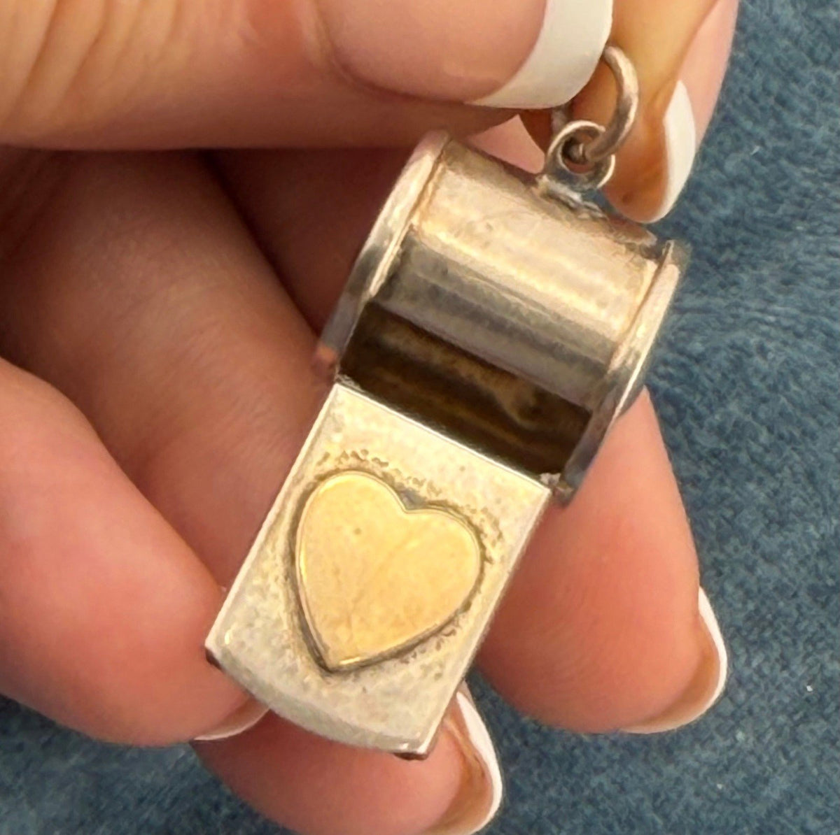 14k Heart on Sterling Silver Gold Whistle Pendant. Works! 1.4" + 5g