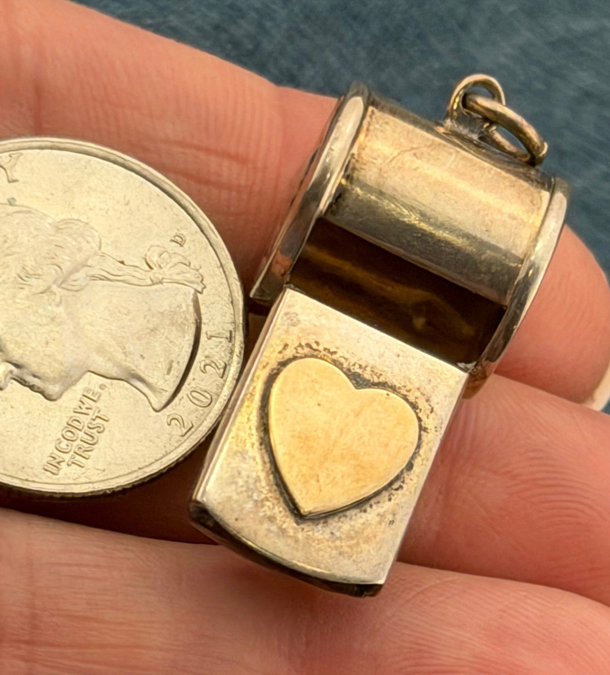 14k Heart on Sterling Silver Gold Whistle Pendant. Works! 1.4" + 5g