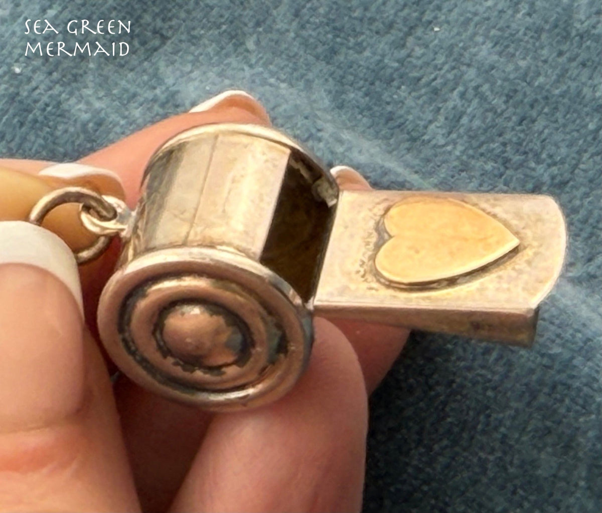 14k Heart on Sterling Silver Gold Whistle Pendant. Works! 1.4" + 5g