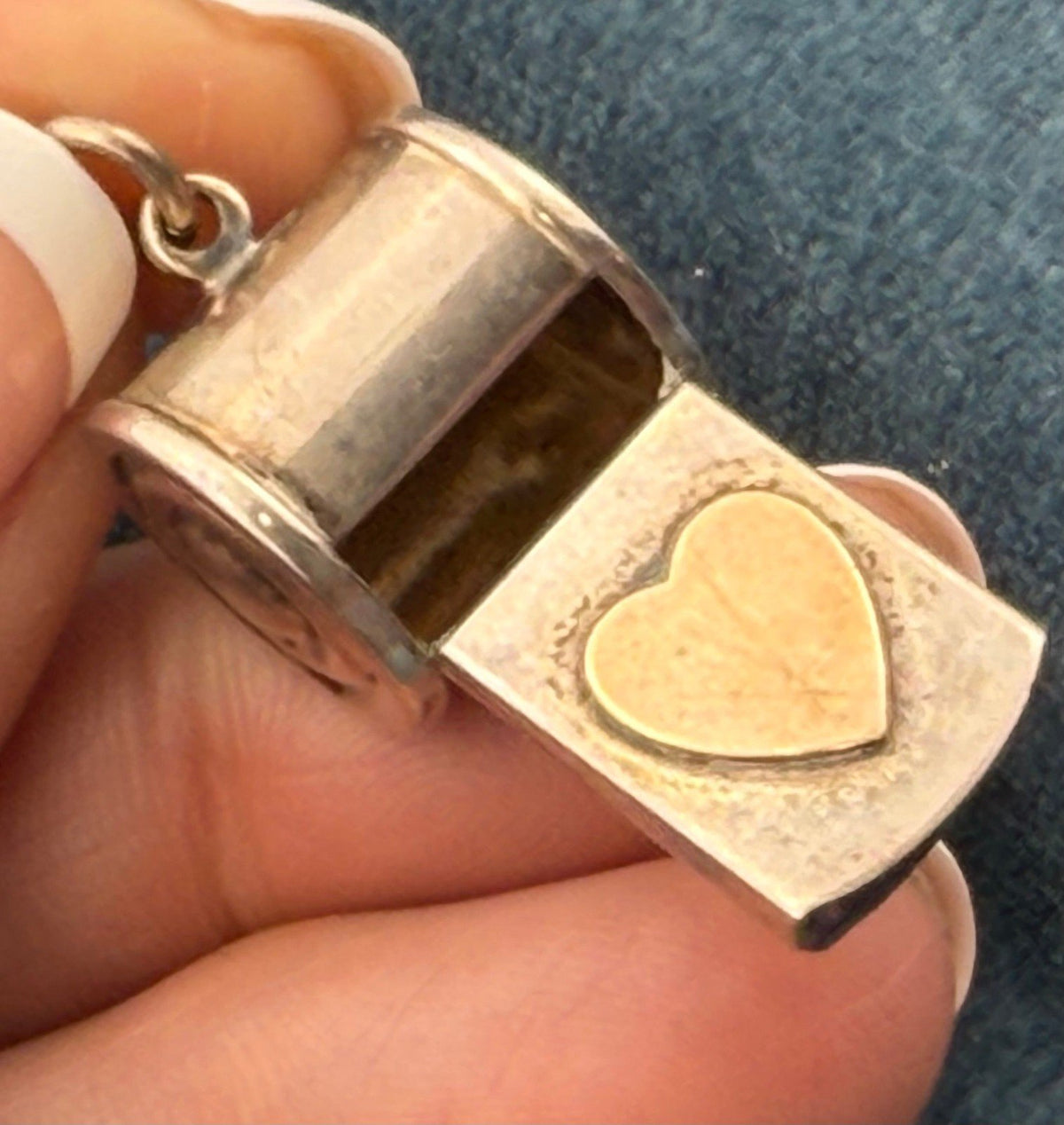 14k Heart on Sterling Silver Gold Whistle Pendant. Works! 1.4" + 5g