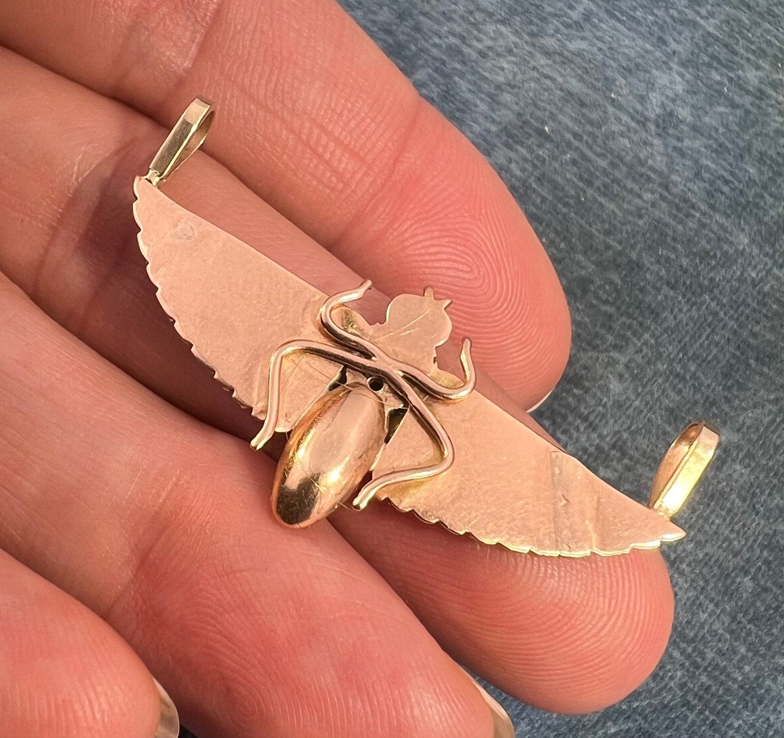 14k Tri-Color Gold Antique 3-D Egyptian Winged Scarab Pendant