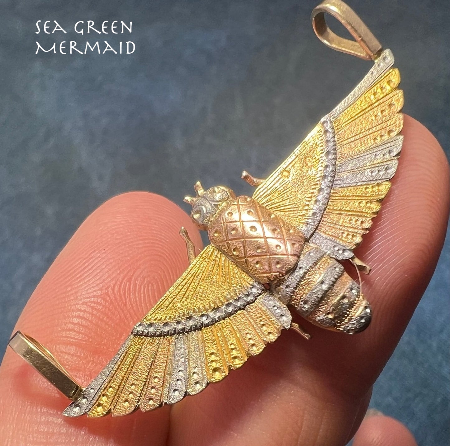 14k Tri-Color Gold Antique 3-D Egyptian Winged Scarab Pendant