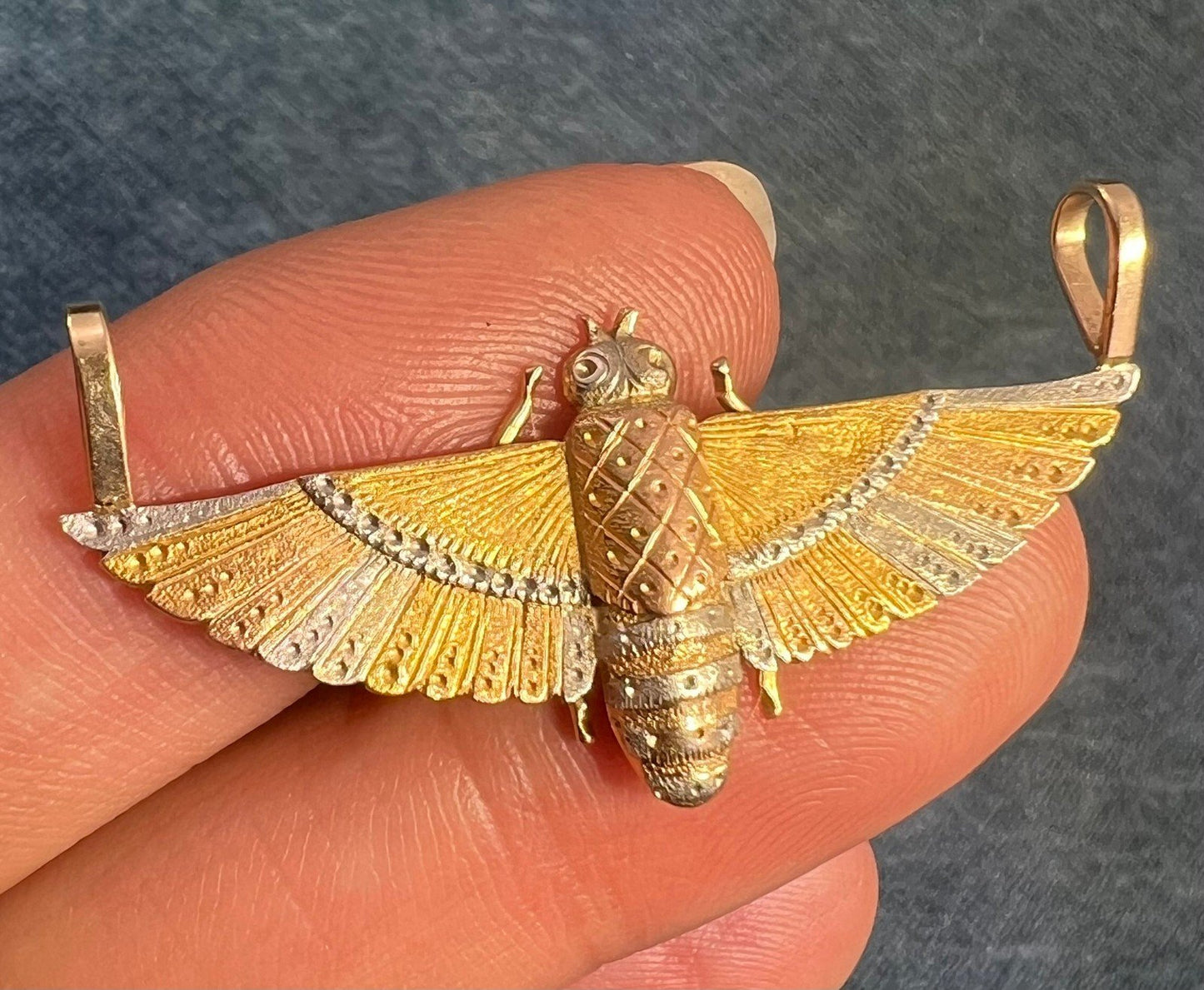 14k Tri-Color Gold Antique 3-D Egyptian Winged Scarab Pendant