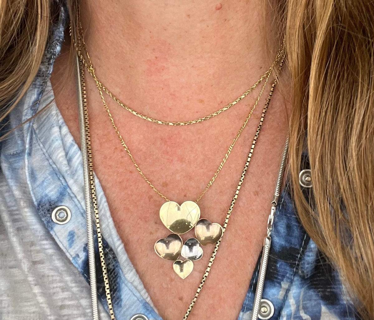 14k Tri Color Yellow White Rose Gold 5 HEARTS Pendant. 1.3"