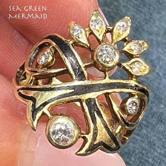 14k W Gold Antique Enamel Ring w Rose-Cut Bezel-Set Diamonds *Video*