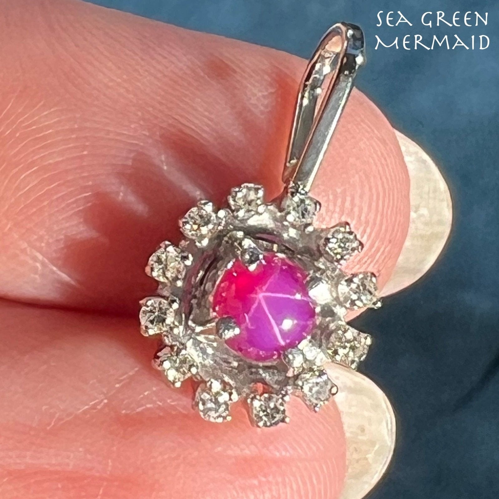 14k WG Gold Lab-Created Star Ruby Pendant w Diamond Halo *Video*