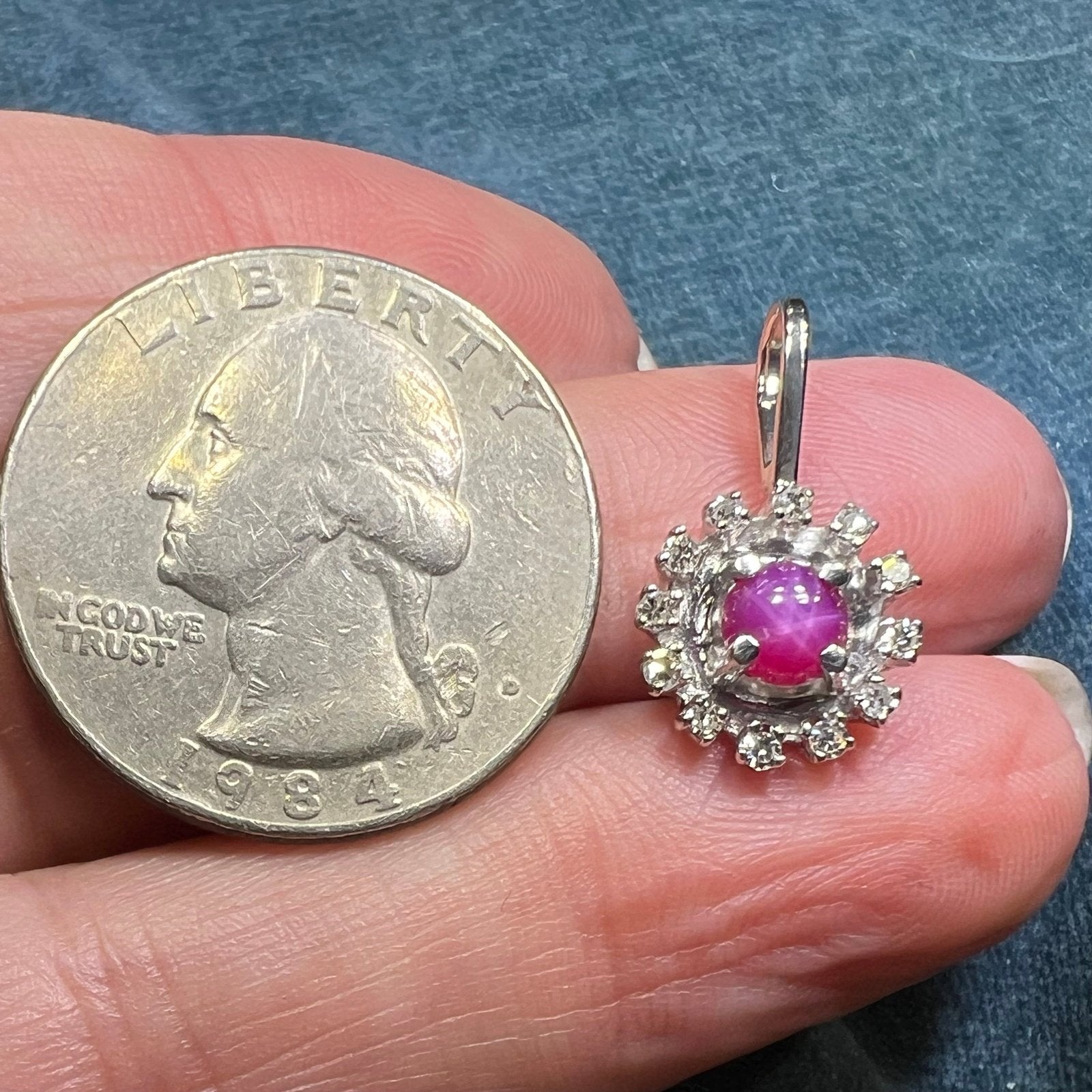 14k WG Gold Lab-Created Star Ruby Pendant w Diamond Halo *Video*