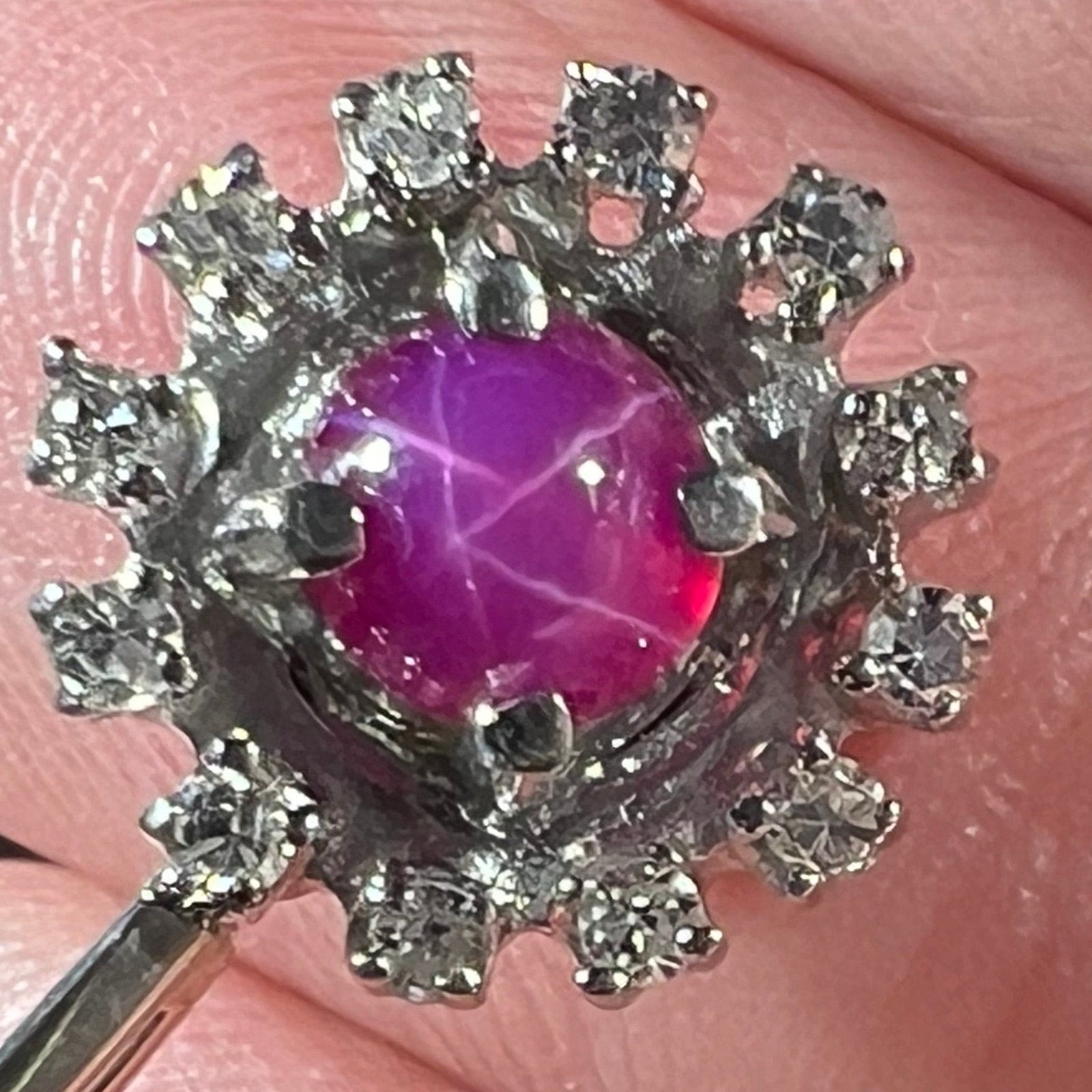 14k WG Gold Lab-Created Star Ruby Pendant w Diamond Halo *Video*