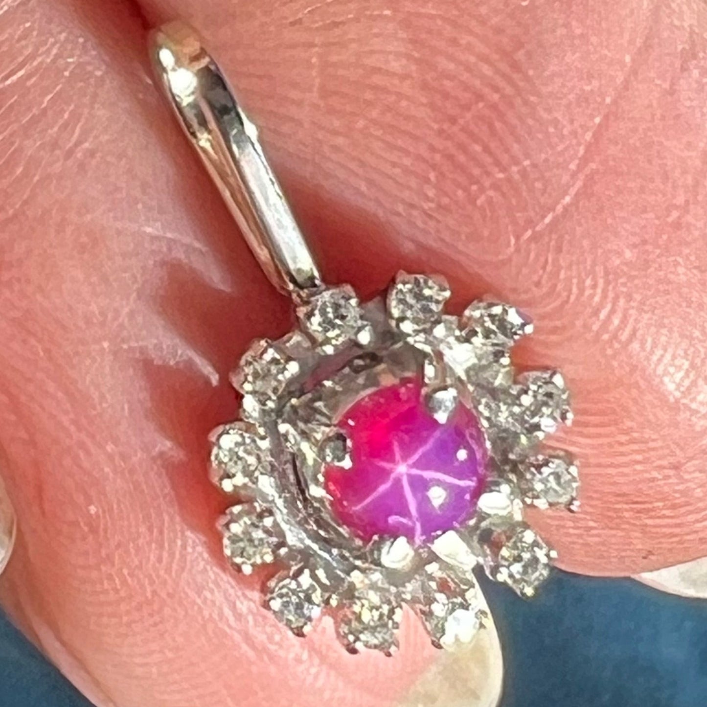 14k WG Gold Lab-Created Star Ruby Pendant w Diamond Halo *Video*