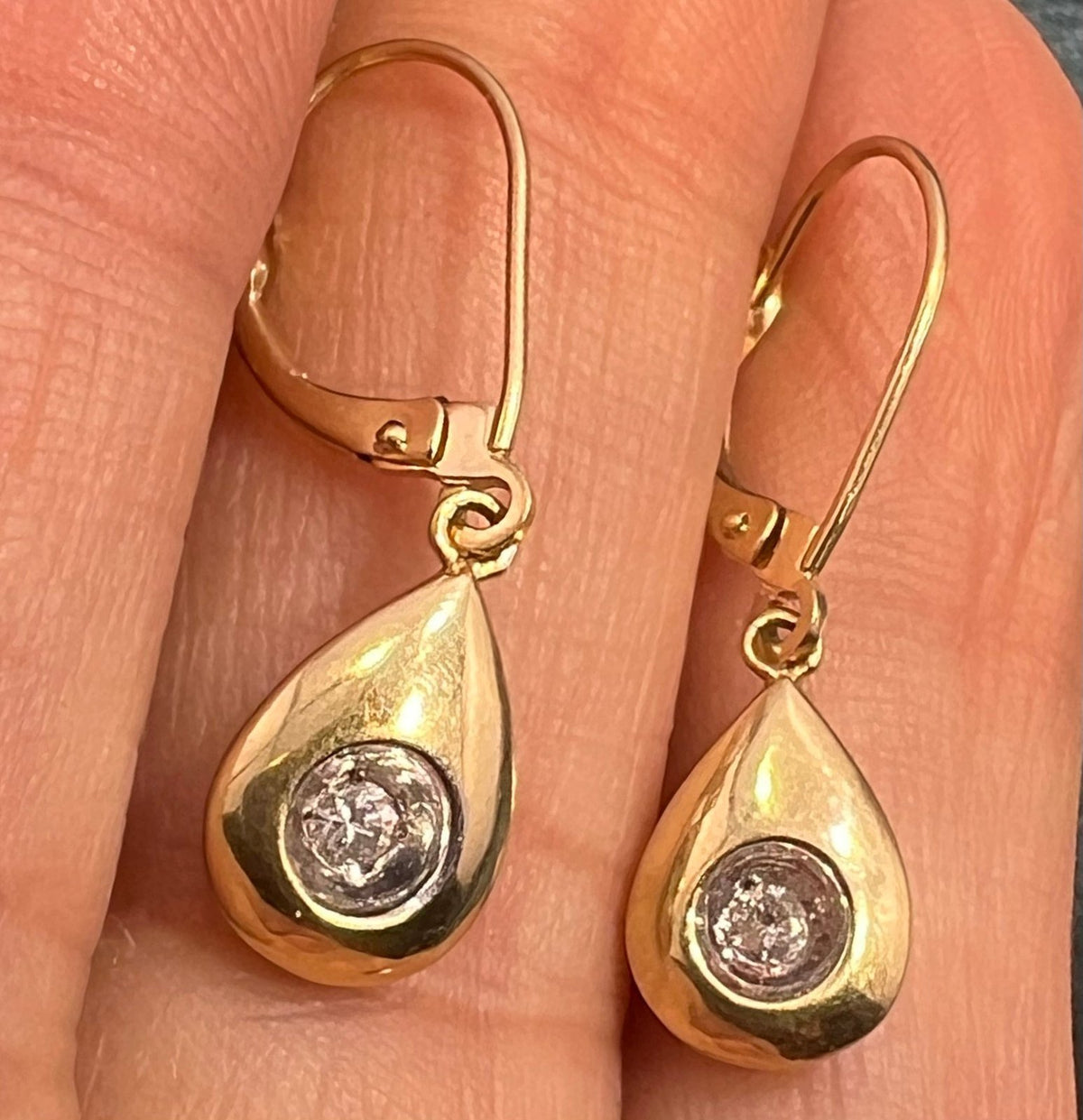 14k WG + Yellow Gold Diamond Teardrop Leverback Earrings. 1" + 3.5g *Video*