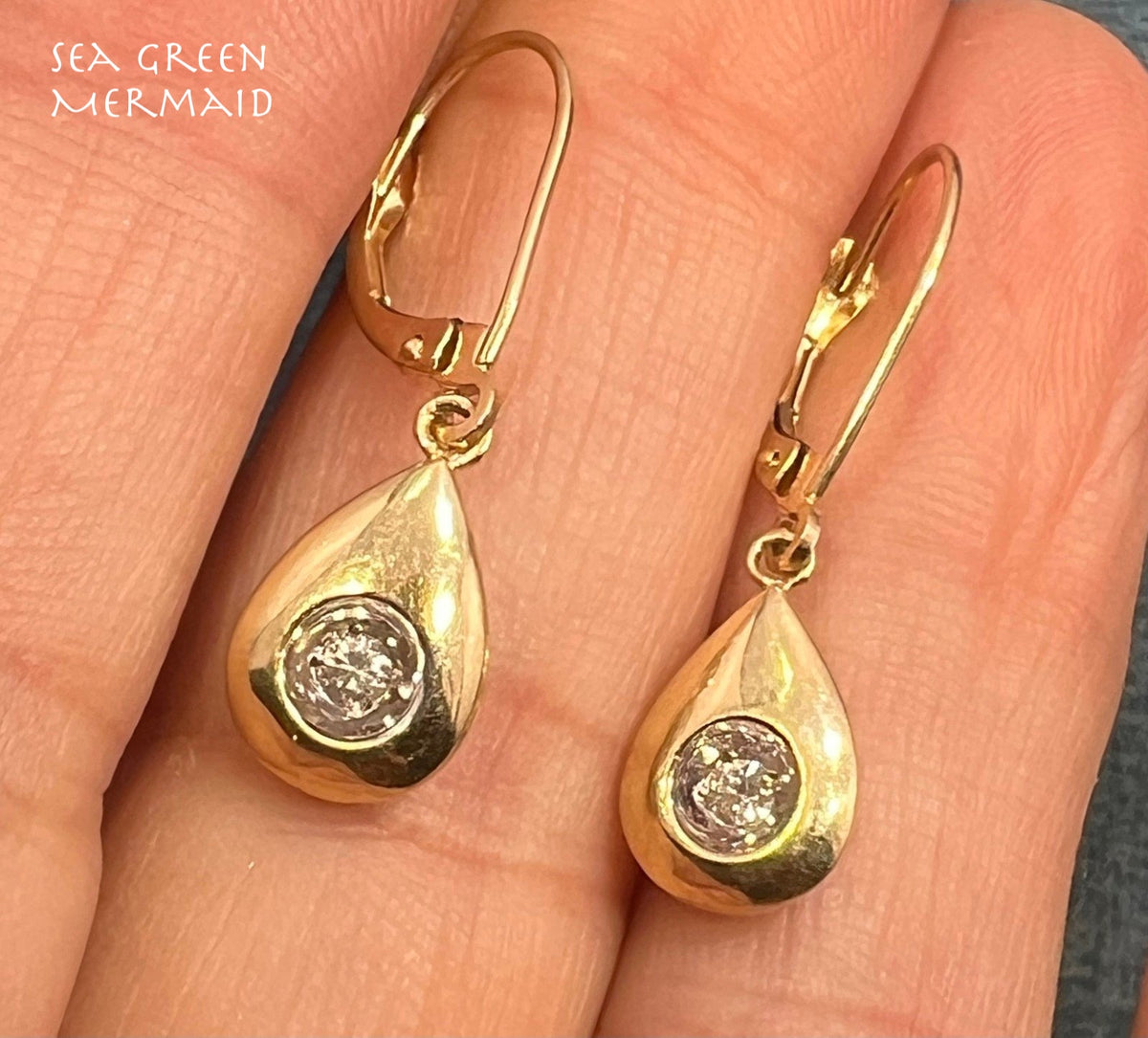 14k WG + Yellow Gold Diamond Teardrop Leverback Earrings. 1" + 3.5g *Video*