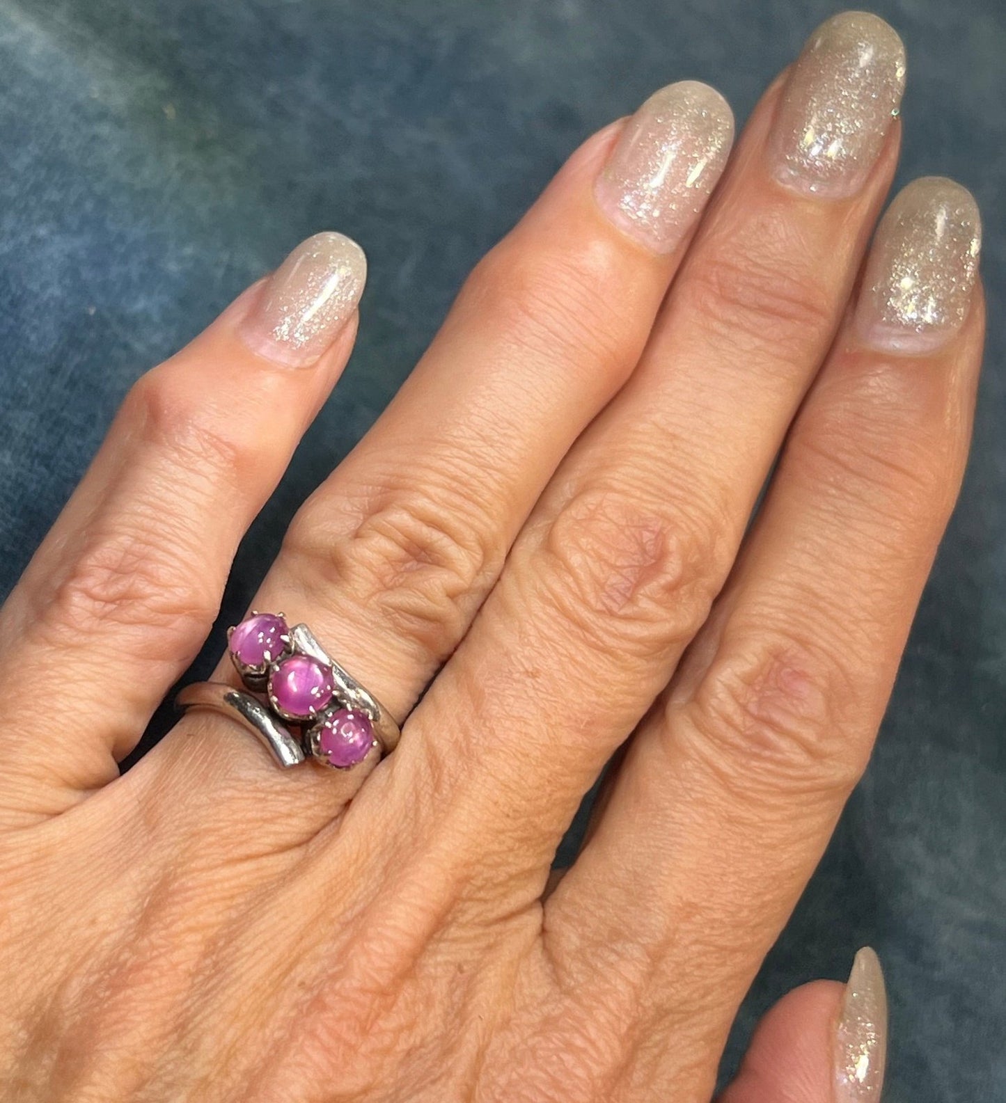 14k White Gold 3 Pink STAR SAPPHIRE RUBY Ring **Video**