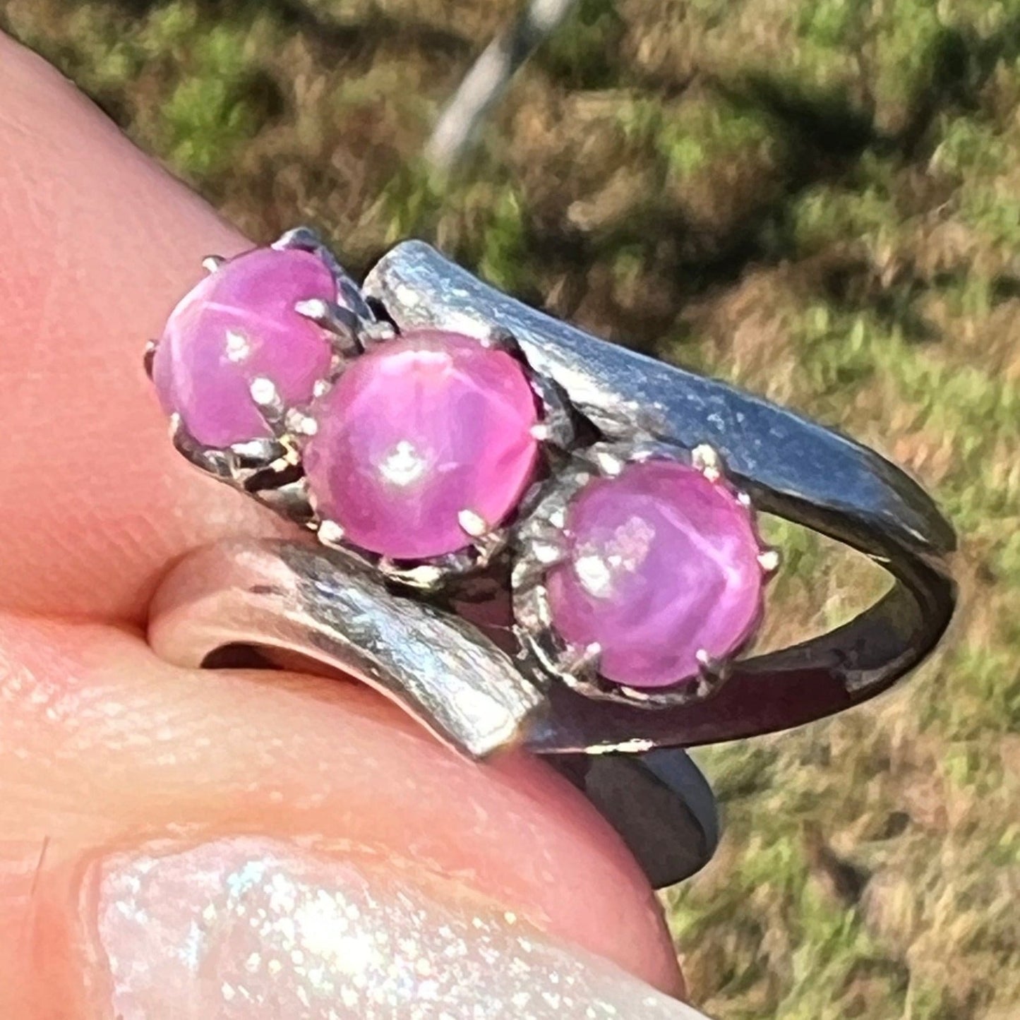 14k White Gold 3 Pink STAR SAPPHIRE RUBY Ring **Video**